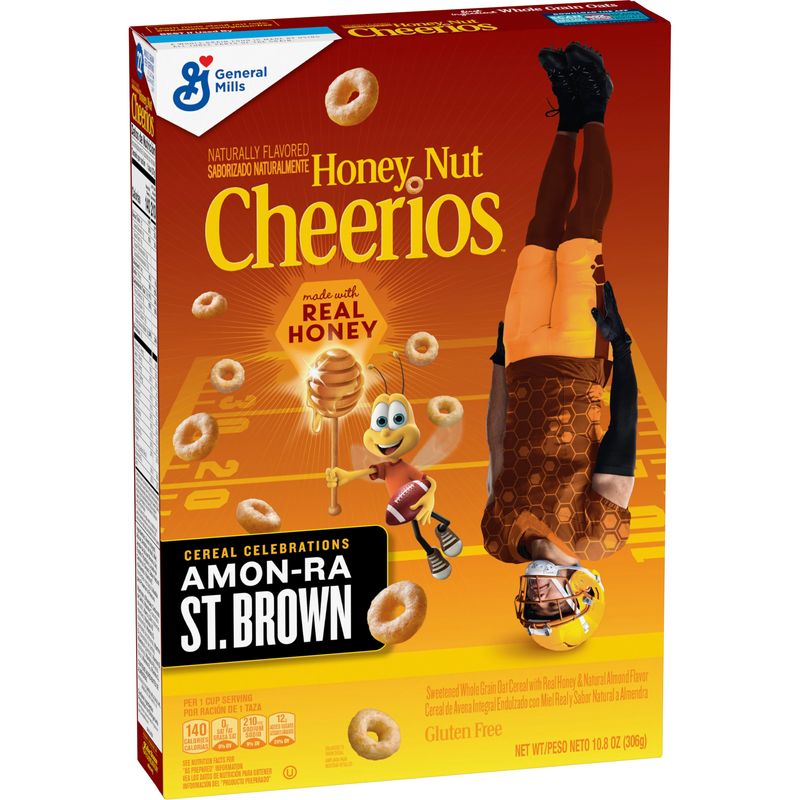 Amon-Ra St. Brown on the Honey Nut Cheerios cereal box.