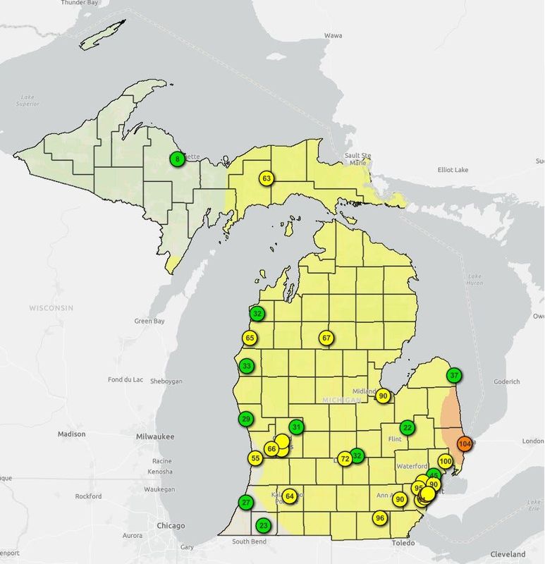 As of 9 a.m. on July 16, the air quality index reads the air in most of Michigan as moderate, which can be a risk for sensitive groups (yellow). A portion of southeast Michigan sees poorer air quality which is unhealthy for sensitive groups (orange).