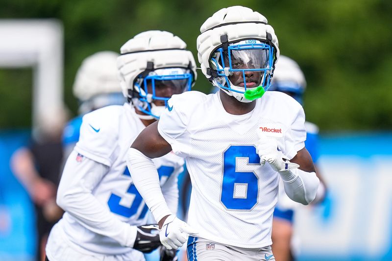 Detroit Lions cornerback Terrion Arnold (6) practices during training camp at Meijer Performance Center in Allen Park on Sunday, July 20, 2025.
