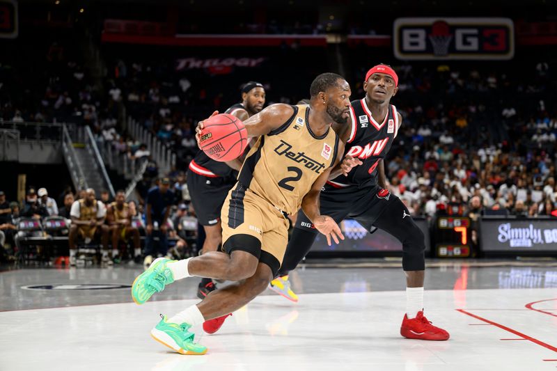 Detroit’s Jeremy Pargo drives the ball around DMV’s Franklin Session during a Big3 basketball game at Little Caesars Arena, in Detroit, July 20, 2025.
