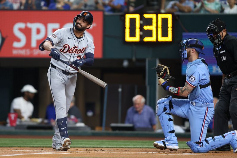 Detroit Tigers outfielder Riley Greene (31) reacts after striking out during the first inning against the Texas Rangers at Globe Life Field in Arlington, Texas, on Sunday, July 20, 2025.