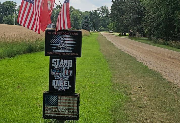 Signage placed near Hopkins Road by resident Aaron Hudson, who remains at odds with the Ionia County Road Commission over ownership of the affected land.