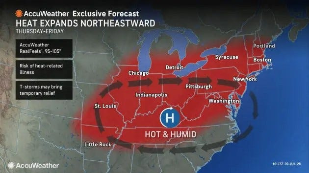 Map of the heat wave expected to cover northeastern states including mid- to-southern counties in Michigan by Thursday, July 24 and expected to linger over headed into the weekend.