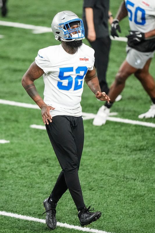 Detroit Lions linebacker Zach Cunningham (52), practices during OTA at Meijer Performance Center in Allen Park on Thursday, June 5, 2025.