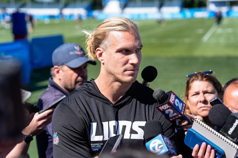 Detroit Lions linebacker Alex Anzalone (34) talks to media members after practice during training camp at Meijer Performance Center in Allen Park on Tuesday, July 22, 2025.