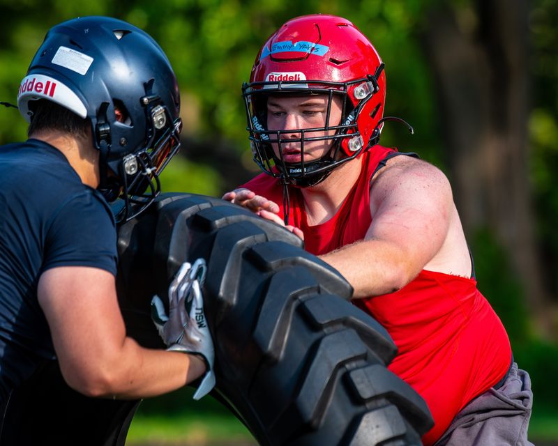 Livonia Clarenceville's Tommy Yakes competes in a lineman drill during a 7-on-7 football event on Tuesday, July 22, 2025, at Shaw Stadium in Livonia.