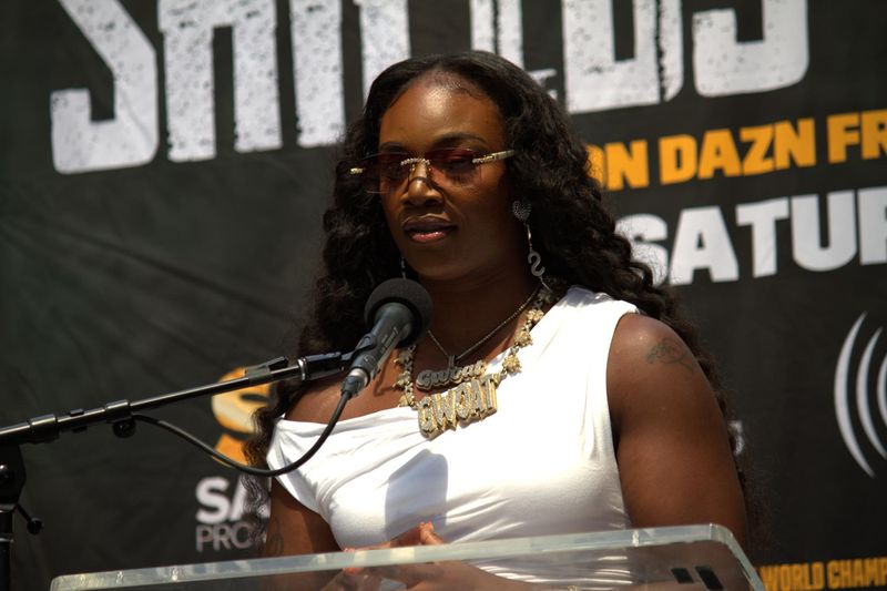 Heavyweight champion boxer Claressa Shields speaks at a news conference on Wednesday, July 23, ahead of her fight with Lani Daniels at Little Caesars Arena on Saturday, July 26.