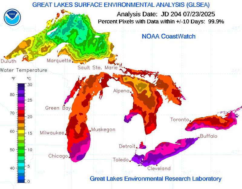 A digital map of the Great Lakes surface water temperatures.