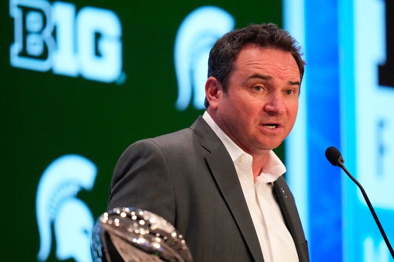 Jul 24, 2025; Las Vegas, NV, USA; Michigan State head coach Jonathan Smith speaks to the media during the Big Ten NCAA college football media days at Mandalay Bay Resort. Mandatory Credit: Lucas Peltier-Imagn Images