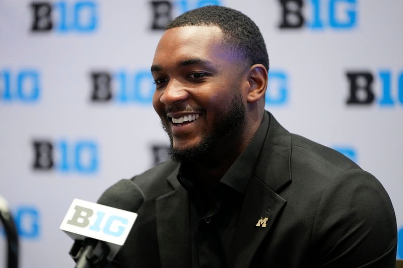 Michigan defensive end Derrick Moore speaks to the media during the Big Ten NCAA college football media days at Mandalay Bay Resort in Las Vegas on Thursday, July 24, 2025.