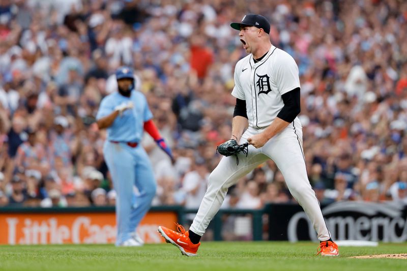 Detroit Tigers pitcher Tarik Skubal (29) reacts after he gets a strikeout to end the sixth inning against the Toronto Blue Jays at Comerica Park in Detroit on Saturday, July 26, 2025.