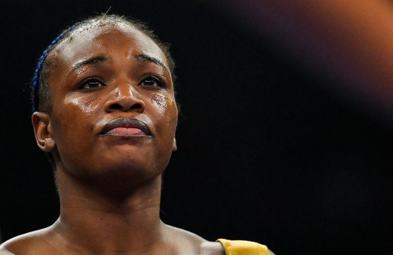 Claressa Shields is introduced before she defends her heavyweight world championship title in a fight against Lani Daniels of New Zealand on Saturday, July 26, 2025 at Little Caesars Arena in Detroit.