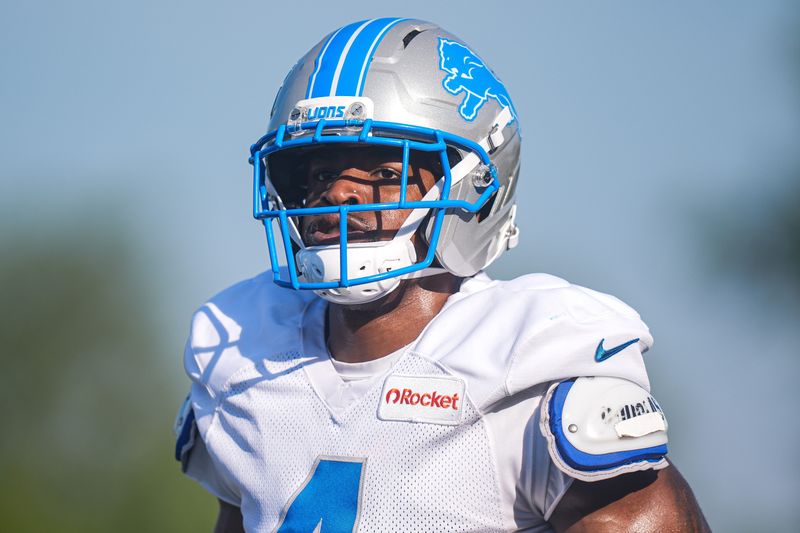 Detroit Lions cornerback D.J. Reed (4) practices during training camp at Meijer Performance Center in Allen Park on Monday, July 28, 2025.