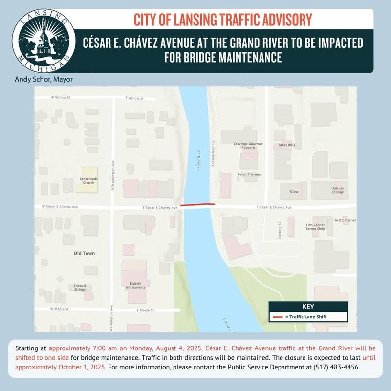 Bridge work will cause lane closures on the Cesar Chavez Avenue bridge over the Grand River beginning Aug. 4, 2025.