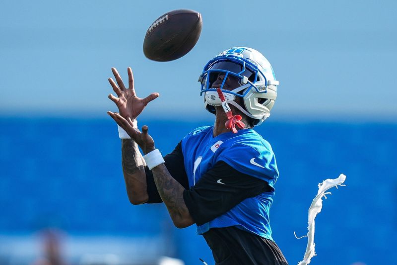 Detroit Lions wide receiver Jameson Williams (1) practices during training camp at Meijer Performance Center in Allen Park on Thursday, July 24, 2025.