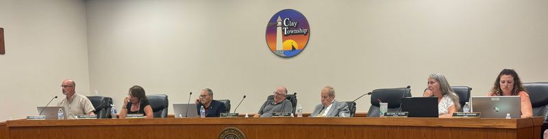 Clay Township board meeting on July 28, 2025. From left: Trustee Jon DeBoyer, Trustee Maureen Boury, Trustee Mark Borchardt, Supervisor Paul Cassidy, Treasurer Jerry Galka, Trustee Beverly Rose and Township Clerk Tanya Hogan.