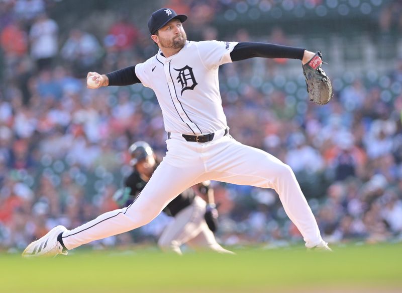 Tigers pitcher Casey Mize delivers a pitch in the first inning. Detroit Tigers vs Arizona Diamondbacks at Comerica Park in Detroit on Tuesday, July 29, 2025.