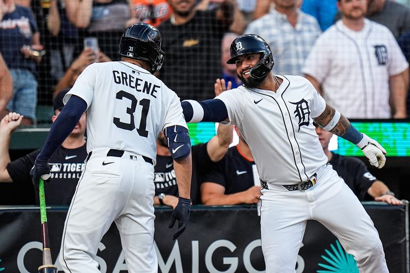 Detroit Tigers second base Gleyber Torres (25) celebrate a solo home run against Arizona Diamondbacks with left fielder Riley Greene (31) during the fifth inning at Comerica Park in Detroit on Tuesday, July 29, 2025.