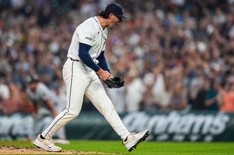 Detroit Tigers pitcher Kyle Finnegan (64) celebrates 6-3 win over Minnesota Twins at Comerica Park in Detroit in Monday, August 4, 2025.