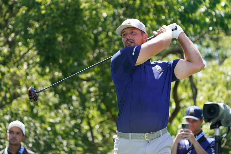 Bryson DeChambeau plays his shot from the second tee during the first round of the LIV Golf Dallas golf tournament at Maridoe Golf Club.