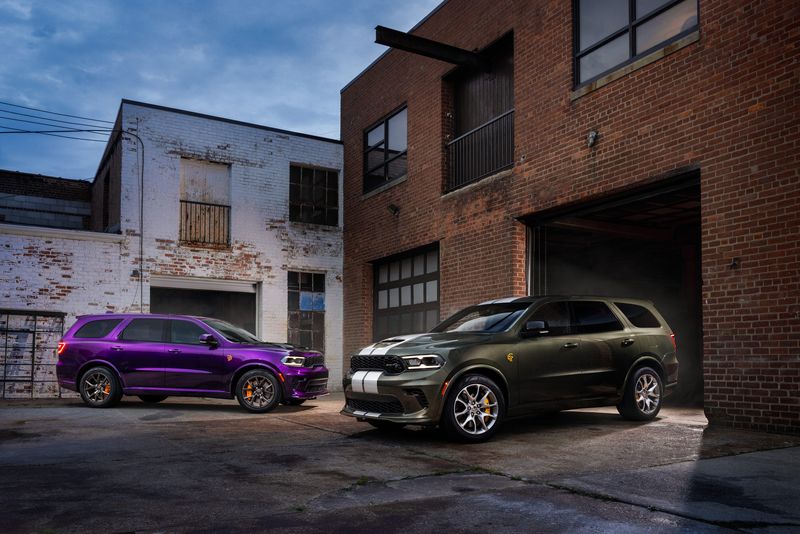 The 2026 Dodge Durango SRT Hellcat Jailbreak in Green Machine, front. A Jailbreak Custom Color program will allow select Dodge customers to paint their Durango SRT Hellcat Jailbreak in nearly any color imaginable, including Stryker Purple, shown at rear.