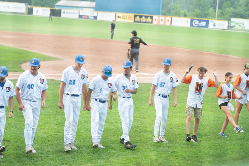 Battle Jacks players dance for fans between innings during a game against Rockford at C.O. Brown Stadium on Thursday, July 31, 2025.