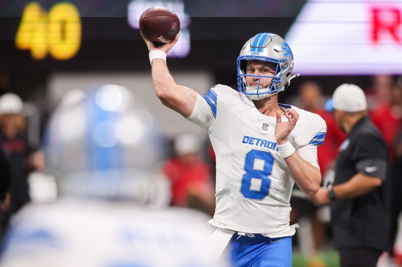 Aug 8, 2025; Atlanta, Georgia, USA; Detroit Lions quarterback Kyle Allen (8) warms up before a game against the Atlanta Falcons at Mercedes-Benz Stadium. Mandatory Credit: Brett Davis-Imagn Images