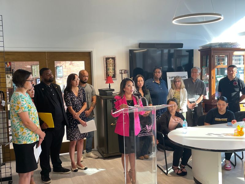 State Rep Mai Xiong, D-Warren, calls for the release of 16 Hmong and Laotian refugees detained by ICE, at a press conference on August 8, 2025, at the Hannan Center in Detroit. She was joined by other state legislators and immigrant advocates.