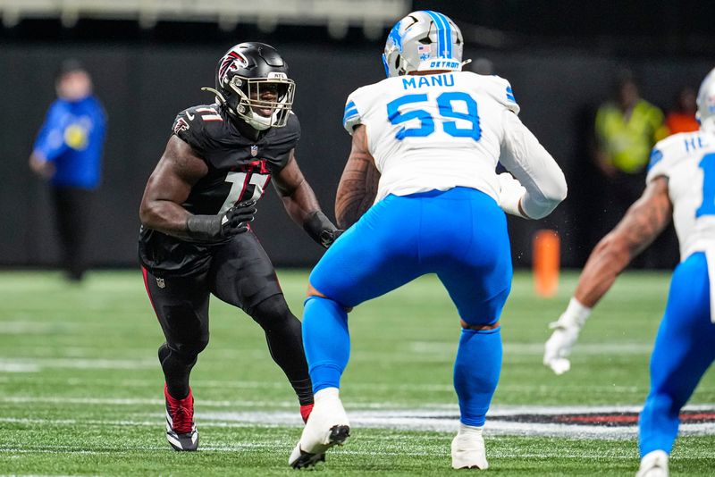 Aug 8, 2025; Atlanta, Georgia, USA; Atlanta Falcons linebacker Jalon Walker (11) works against Detroit Lions offensive tackle Giovanni Manu (59) during the first quarter at Mercedes-Benz Stadium. Mandatory Credit: Dale Zanine-Imagn Images
