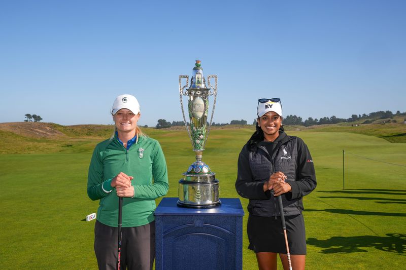 Brooke Biermann and Megha Ganne pose with the Robert Cox Trophy ahead of their championship match at the 2025 U.S. Women's Amateur at Bandon Dunes Golf Resort.