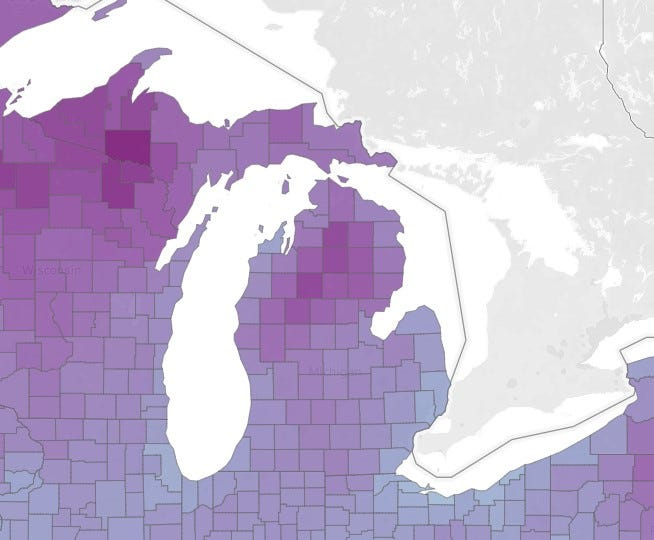 Average first freeze dates across Michigan ranging from late September (dark to light purple shading) and late October (light blue shading).
