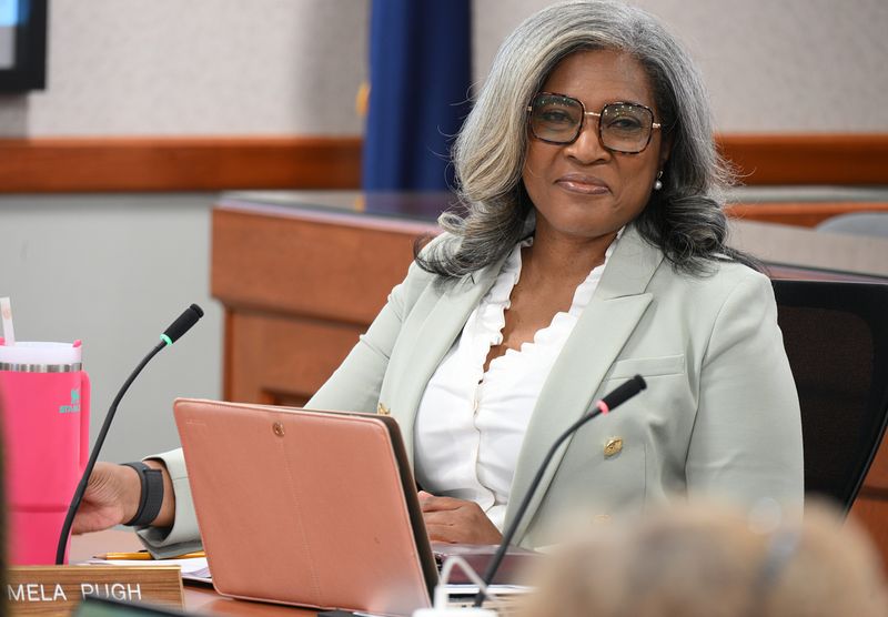 Pamela Pugh listens as Dr. Michael Rice leads a meeting of the Michigan State Board of Education, on Tuesday, Aug 12, 2025.