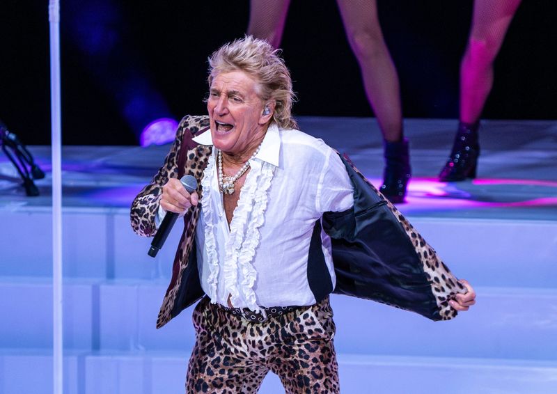Rod Stewart performs for a crowd at Pine Knob Music Theatre in Clarkston on Tuesday, August 12, 2025.