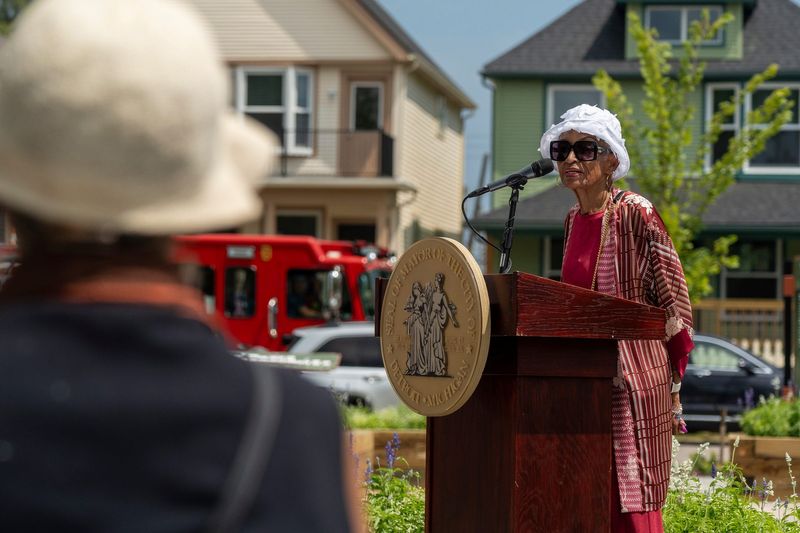 Jacqueline Spotts, niece of Dr. Ossian Sweet, speaks during the ribbon-cutting ceremony for the Dr. Ossian Sweet Memorial Park in Detroit on Wednesday, Aug. 13, 2025.