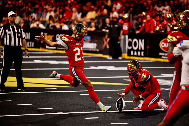 Ben Derby kicks during an Vegas Knight Hawks game.