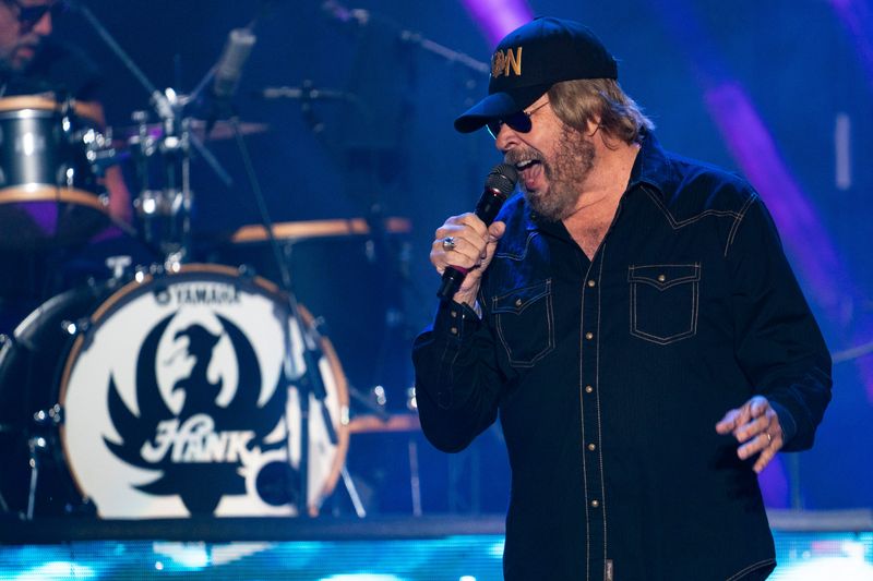 Hank Williams Jr. performs on the Grandstand stage during the ninth day of the Iowa State Fair on Aug. 15, 2025, in Des Moines.