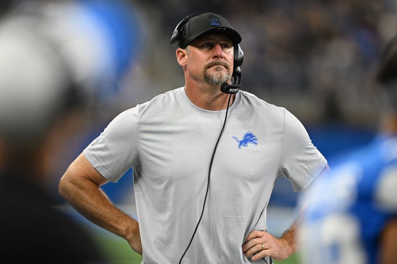 Aug 16, 2025; Detroit, Michigan, USA; Detroit Lions head coach Dan Campbell on the sidelines during the Lions game against the Miami Dolphins in the first quarter at Ford Field. Mandatory Credit: Lon Horwedel-Imagn Images