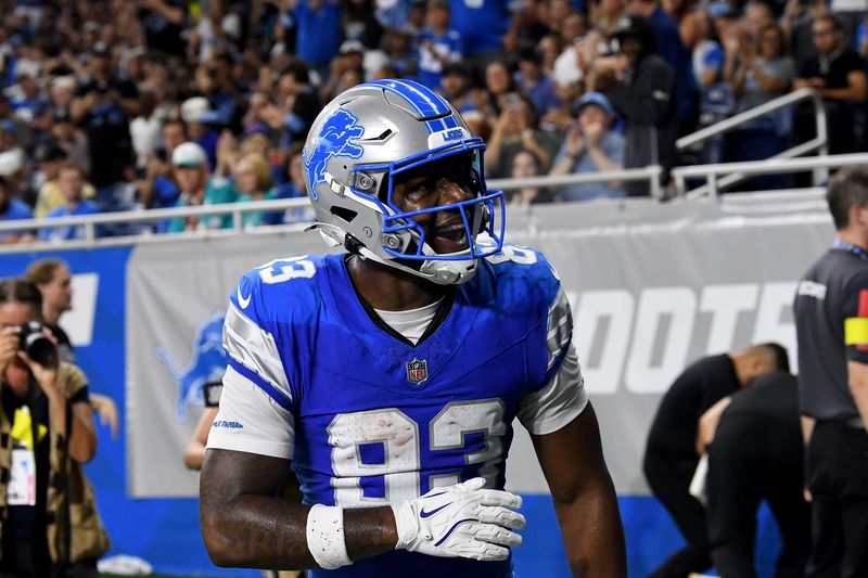 Aug 16, 2025; Detroit, Michigan, USA; Detroit Lions wide receiver Jackson Meeks (83) celebrates after scoring a touchdown against the Miami Dolphins in the second quarter at Ford Field. Mandatory Credit: Eamon Horwedel-Imagn Images