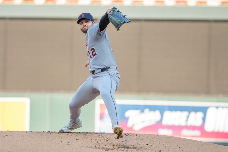 Detroit Tigers starting pitcher Casey Mize (12) pitches to Minnesota Twins second baseman Austin Martin (16) in the first inning at Target Field in Minneapolis on Saturday, Aug. 16, 2025.
