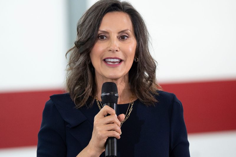 Gov. Gretchen Whitmer speaks during a back-to-school event at Grand Blanc High School in Grand Blanc, Michigan, on Wednesday, Aug. 20, 2025.