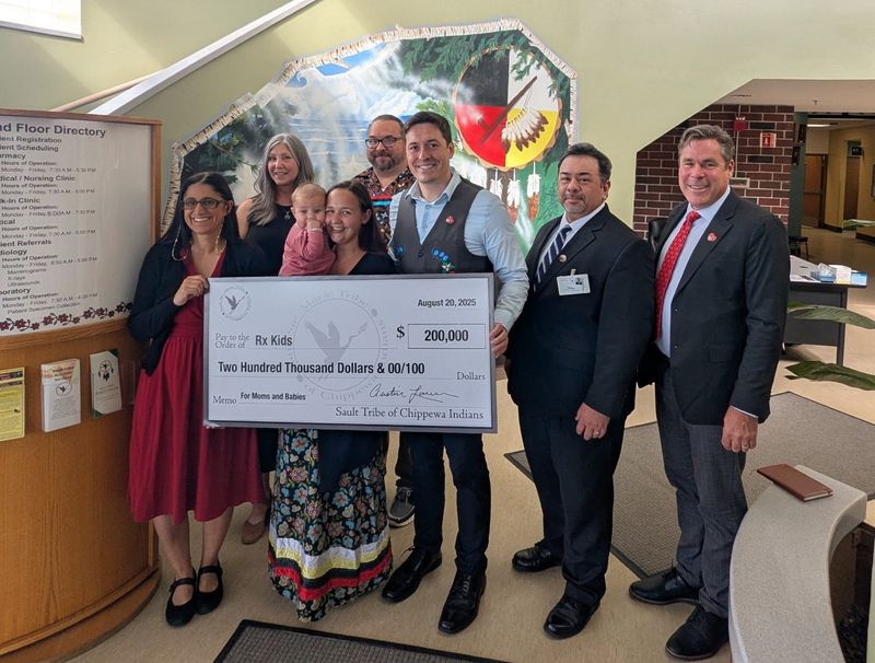 Sault Tribe Chairman Austin Lowes presents a $200,000 donation to RX Kids on Wednesday, Aug. 20, 2025 in Sault Ste. Marie.