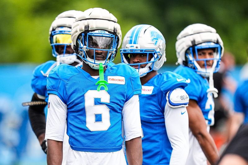 Detroit Lions cornerback Terrion Arnold (6) watches practice during training camp at Meijer Performance Center in Allen Park on Thursday, August 21, 2025.