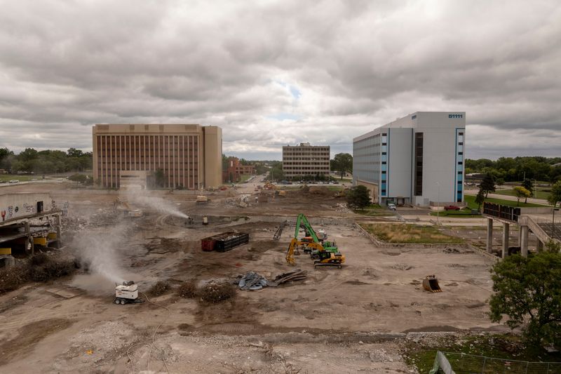 The site of the former Phoenix Center is demolished to make way for a new public green space in downtown Pontiac, August 21, 2025.