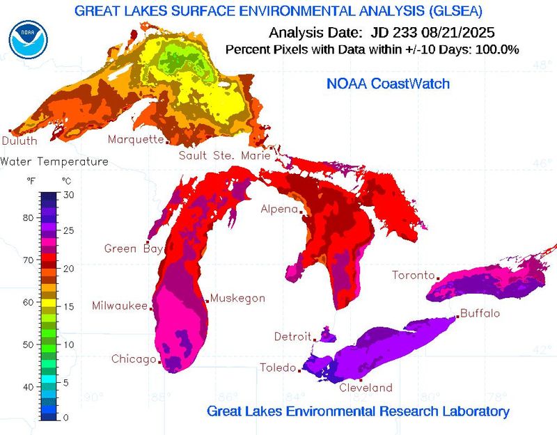 A digital map of the Great Lakes surface water temperatures.