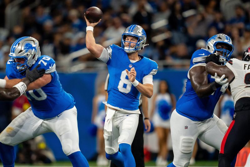 Detroit Lions quarterback Kyle Allen (8) throws a pass during the first half of the pre-season game against the Houston Texans at Ford Field in Detroit on Saturday, Aug. 23, 2025.