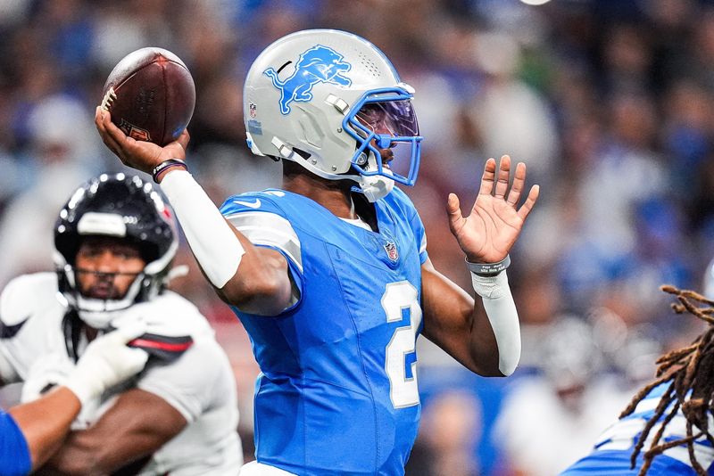 Detroit Lions quarterback Hendon Hooker (2) makes a pass against Houston Texans during the first half at Ford Field in Detroit on Saturday, August 23, 2025.