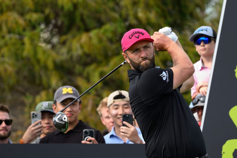 Jon Rahm, of Legion XIII, drives from the 14th tee during the LIV Golf Championship at the Cardinal at Saint John's Resort, in Plymouth Township, August 24, 2025.