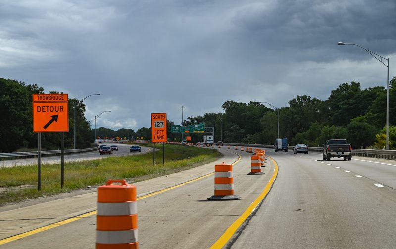 Ongoing road work on northbound U.S. 127 near the Trowbridge Road exit, seen Monday, Aug. 25, 2025.