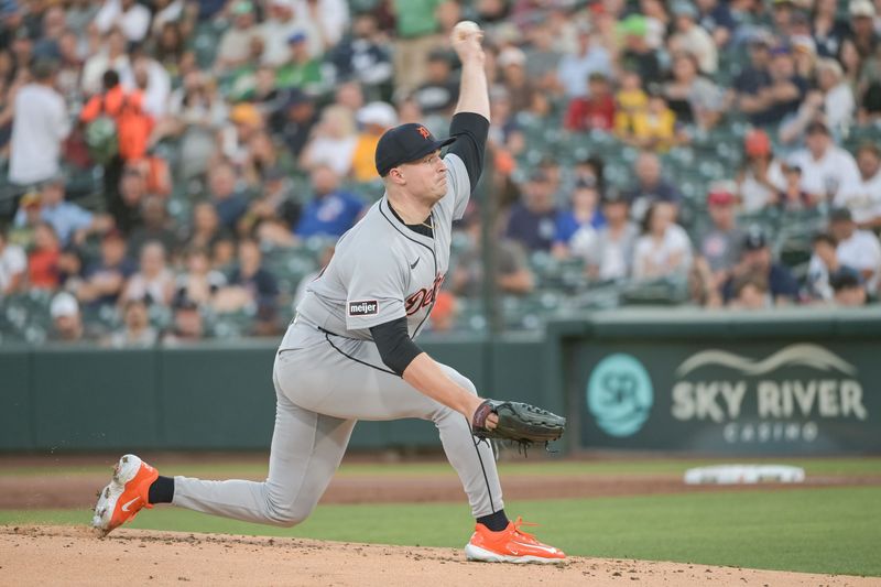 Aug 25, 2025; West Sacramento, California, USA; Detroit Tigers pitcher Tarik Skubal (29) throws a pitch against the Athletics during the first inning at Sutter Health Park. Mandatory Credit: Ed Szczepanski-Imagn Images