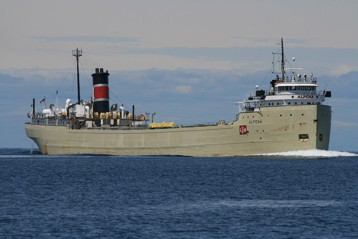 Photo of the SS Alpena in the Staits of Mackinac taken in 2020, posted on The Shipwatcher News Great Lakes Ships website.